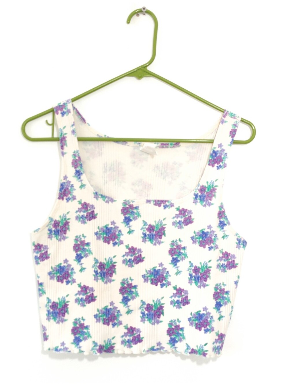 Vintage Purple White Floral Tank Top Cropped Ribbed Size Large
